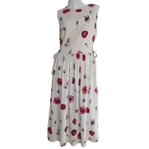 Linen Blend Midi Dress Medium Bunny Rabbit Print Lace Up Sundress Whimsical Twee